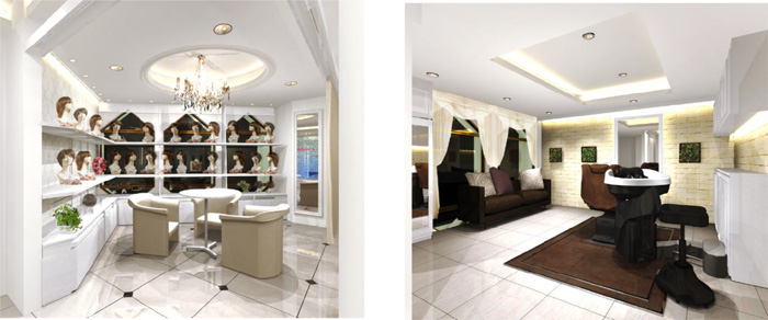 左：レディメイド・ウィッグの展示スペース、右：プライバシーに配慮した完全個室（イメージ）
