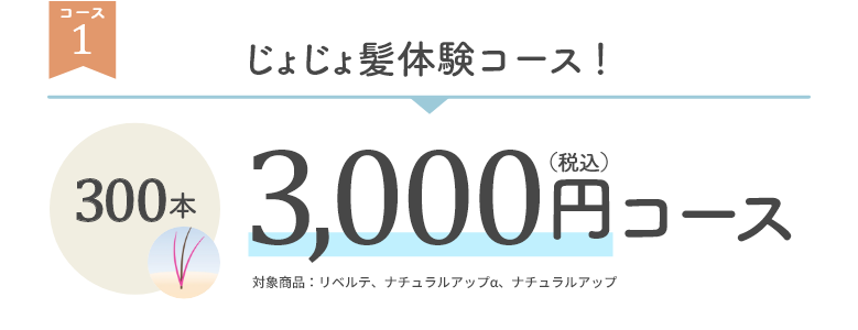 コース1：じょじょ髪体験コース！300本3,000円（税込）コース　対象商品：対象商品：リベルテ、ナチュラルアップα、ナチュラルアップ