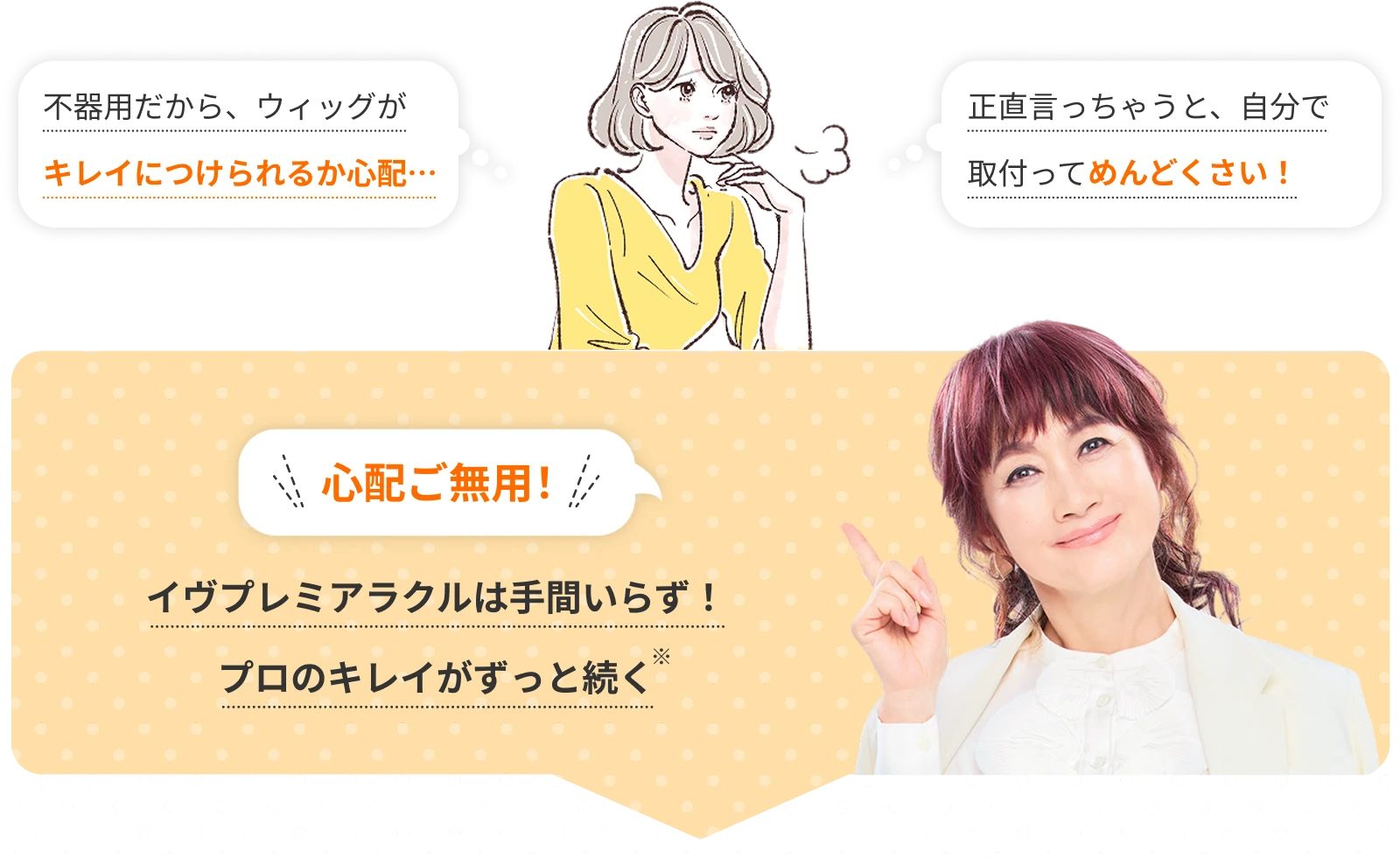 不器用だから、ウィッグがキレイにつけられるか心配…。正直言っちゃうと、自分で取付ってめんどくさい！心配ご無用！イヴプレミアラクルは手間いらず！プロのキレイがずっと続く