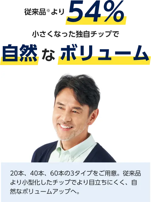 従来品より54% 小さくなった独自チップで自然なボリューム、小型化したチップによる自然なボリュームアップのイメージ写真