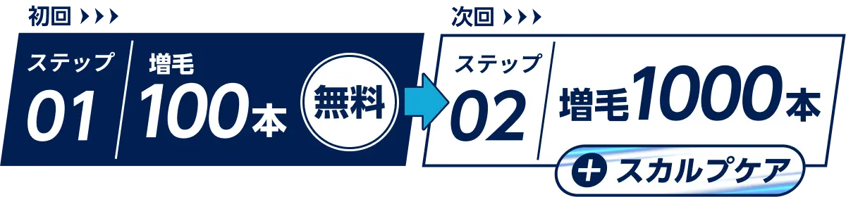 初回:ステップ01 増毛100本 無料 → 次回:ステップ02 増毛1000本+スカルプケア