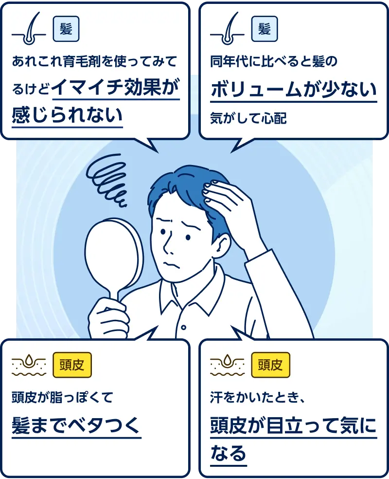 あれこれ育毛剤を使ってみてるけどイマイチ効果が感じられない、同年代に比べると髪のボリュームが少ない気がして心配、頭皮が脂っぽくて髪までベタつく、汗をかいたとき頭皮が目立って気になる