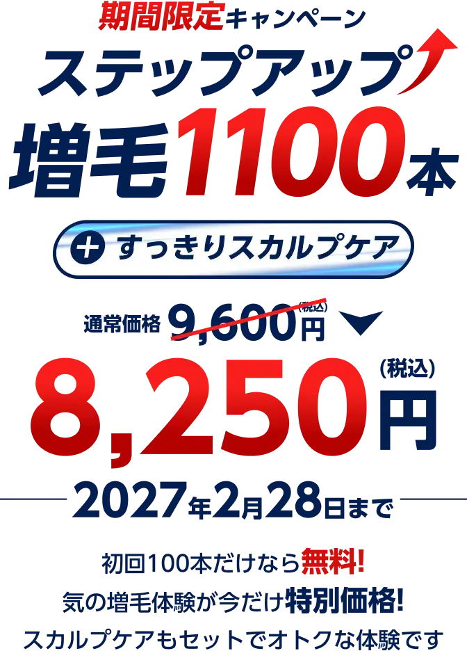 期間限定キャンペーン　ステップアップ増毛1100本+すっきりスカルプケア　通常価格9,600円(税込)を8,250円(税込)に　2027年2月28日まで