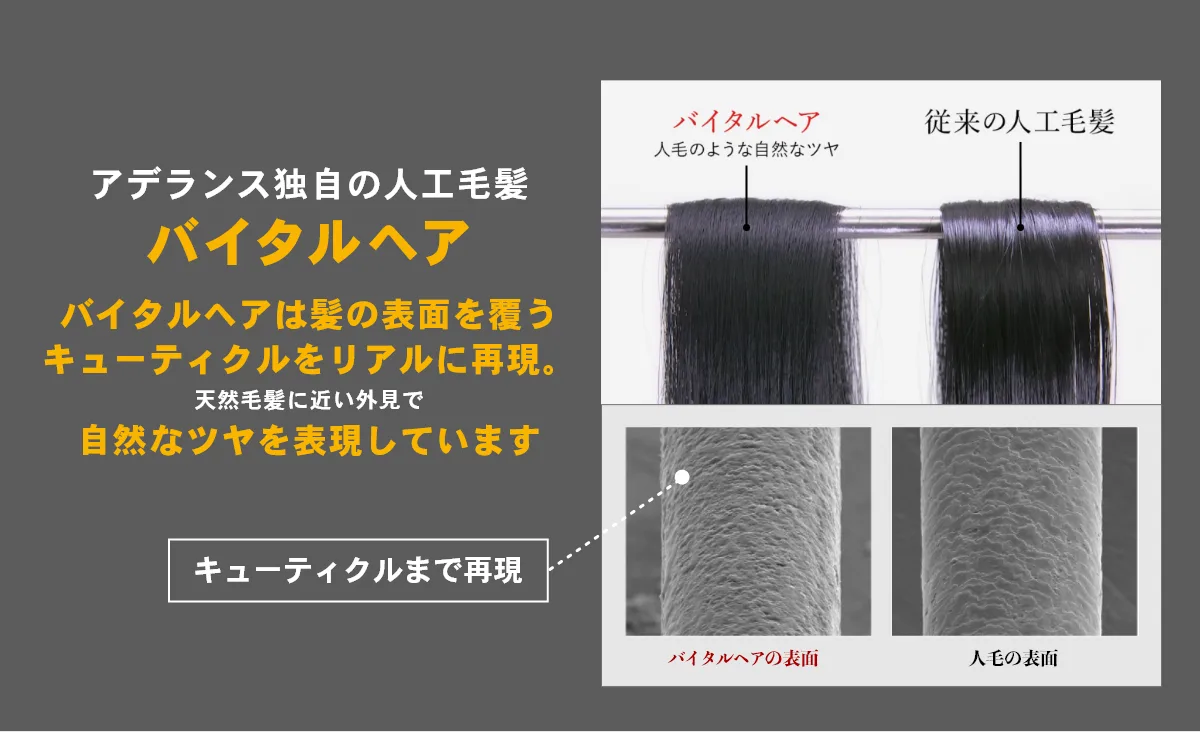 アデランス独自の人工毛髪 バイタルヘア バイタルヘアは髪の表面を覆うキューティクルをリアルに再現。天然毛髪に近い外見で自然なツヤを表現しています