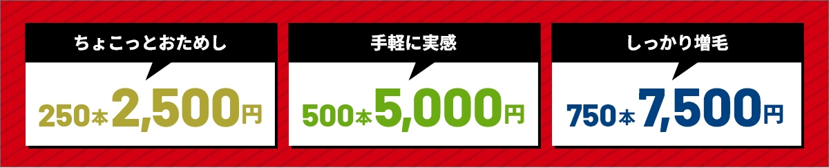 ちょこっとおためし250年2,500円／手軽に実感500本5,000円／しっかり増毛750円7,500円